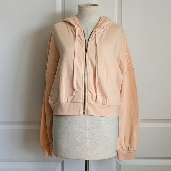 Young Fabulous & Broke Hoodie Cropped Full Zip Front Faux Pockets Peach M NWT - Picture 1 of 11